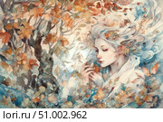 An ethereal and poetic illustration in watercolor: a beautiful girl with white flowing hair, surrounded by autumn leaves. Her appearance is harmoniously woven into nature - her face is filled with peace and soft thoughtfulness, and her hair seems to become part of the wind and foliage. The picture radiates a fairy-tale atmosphere, ideal for decorating books, postcards, art posters, interior decor and meditative projects. Стоковое AI-изображение, AI-художник Анна Кривицкая / Фотобанк Лори