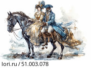 Watercolor illustration of an elegant couple in historical costumes, riding a chestnut horse. The man in a blue waistcoat and a cocked hat holds the reins, the woman in a luxurious lace dress and hat sits sideways. The image is filled with romance, Baroque or Rococo style, grace and nobility. The background is made with soft watercolor strokes, emphasizing the artistry of the scene. Suitable for themes of fashion history, retro, nobility, romance, grace and illustrative art. Стоковое AI-изображение, AI-художник Анна Кривицкая / Фотобанк Лори