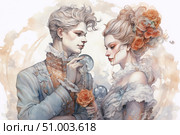 Watercolor illustration of a romantic couple in the Rococo style. A young man and woman in exquisite 18th century attire are depicted exchanging tender glances and symbolic gifts - a glass ball and a rose. Soft pastel colors, fine detailing of lace, ornaments and textures create an atmosphere of love, sophistication and historical beauty. Ideal for postcards, wedding printing, romantic stories, book covers and decorative art. Стоковое AI-изображение, AI-художник Анна Кривицкая / Фотобанк Лори