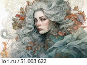Exquisite watercolor illustration of a woman with long silver hair decorated with autumn leaves. Her image combines mysticism, natural strength and refined beauty. Richly decorated clothes, large earrings, complex ornaments and soft color transitions give the image an atmosphere of magic and art nouveau. Perfect for book covers, posters, fantasy projects and art collections. Стоковое AI-изображение, AI-художник Анна Кривицкая / Фотобанк Лори