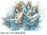 A fantastic watercolour illustration depicting a group of ephemeral female figures - forest or water nymphs. The figures are intertwined in a smooth dance, surrounded by curls of hair, flowers and leaves. The colour palette is maintained in delicate bluish-green and beige tones. The work is done in the Art Nouveau style with elements of symbolism. Ideal for the design of books, postcards, textiles, interiors, as well as decorative art with feminine and mythological themes. Стоковое AI-изображение, AI-художник Анна Кривицкая / Фотобанк Лори
