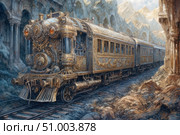 A fantastic retro steam locomotive, decorated with carved patterns and golden elements, stands on the railway tracks among majestic mountains and ancient architectural ruins. The scene resembles an illustration for a fairy tale or steampunk adventure: the majestic train, made in the Victorian Baroque style, contrasts with the harsh stone landscape. The detailing of the design is amazing - each line of the carriage and locomotive seems to be created by hand. The atmosphere of romance of a long journey, mystery and grandeur. Стоковое AI-изображение, AI-художник Анна Кривицкая / Фотобанк Лори