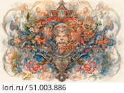 A vibrant watercolor illustration in the style of a baroque ornament depicting a mythological character — an old man with a beard surrounded by ornate plant patterns, flowers, animals and symbols. The composition is rich in details that are organically combined in a symmetrical structure. The central figure resembles a Slavic or Celtic forest spirit, the guardian of nature. The work is done in a soft color scheme with a predominance of blue, red and ocher shades. Suitable for use in design projects, book design, covers, packaging, as well as decorative wall art. Стоковое AI-изображение, AI-художник Анна Кривицкая / Фотобанк Лори