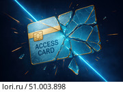 A Visually Striking Representation of a Shattered Access Card Symbolizing Security Breaches and Vulnerabilities in Digital Systems. Стоковое AI-изображение, AI-художник Башкирова Анна / Фотобанк Лори