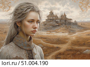 An atmospheric fantasy scene with a young woman in the foreground. She is pensive, looking towards an old mansion standing on a hill in the distance. The spacious autumn fields under the grey-golden sky create a feeling of melancholy and mystery. The girl is dressed in rich but discreet clothes with patterned embroidery, which emphasizes her belonging to a noble origin or a magical world. This image is filled with inner strength, longing and foreboding. The illustration is ideal for book covers, games, music albums, posters or any projects in the fantasy and retro aesthetics genre. Стоковое AI-изображение, AI-художник Анна Кривицкая / Фотобанк Лори