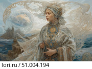 A fantastic female portrait in Art Deco style with elements of Renaissance and Eastern aesthetics. The woman in an exquisite dress embroidered with gold and blue patterns stands against a seascape with ancient castles and floating structures of light and lace. Her image is the embodiment of sophistication, magic and power. The painting is filled with a sense of grandeur, wisdom and connection with other worlds. Suitable for book covers, posters, fantasy game design, collector's editions and decorative art. Стоковое AI-изображение, AI-художник Анна Кривицкая / Фотобанк Лори