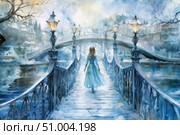 Atmospheric digital illustration in watercolor technique. A girl in a light blue dress walks along a snow-covered bridge in a winter city, illuminated by the soft light of street lamps. The magical and slightly melancholic scene evokes associations with a fairy tale, a romantic journey and loneliness. Suitable for book covers, postcards, fantasy and romantic stories, illustrations for winter fairy tales and cinematic projects. Стоковое AI-изображение, AI-художник Анна Кривицкая / Фотобанк Лори