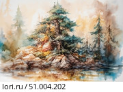 A watercolor landscape depicting a secluded rocky island in the middle of a quiet forest lake. In the foreground is a mighty pine tree surrounded by rocks and bushes in warm autumn tones. Soft light and smoky atmosphere create a sense of peace, depth and connection with nature. The painting conveys the pristine beauty of northern forests and is ideal for use in interior design, posters, postcards and books about nature. Стоковое AI-изображение, AI-художник Анна Кривицкая / Фотобанк Лори