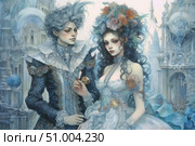 A luxurious fantasy illustration in the Baroque or Rococo style. In the foreground is a pair of aristocrats in elaborate costumes with exquisite details and lace. The woman is adorned with a flower arrangement in her hair, the man is in an outfit with a high collar and an intricate pattern. The background is fairy-tale architecture with elements of Gothic and fantasy. The illustration is done in soft, pastel colors with an emphasis on blue and silver tones. Suitable for decorating books, postcards, posters, collectible cards and art in the fantasy and romantic genres. Стоковое AI-изображение, AI-художник Анна Кривицкая / Фотобанк Лори