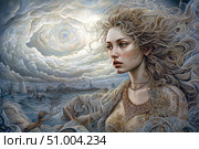 A magical and mesmerizing digital illustration of a girl with flowing hair against a stormy, spiraling sky. The image combines elements of fantasy and romanticism, evoking associations with mythology, goddesses of nature or spirits of the elements. The soft pastel color scheme enhances the sense of mystery, and the detailed rendering makes the image ideal for book design, music covers, posters or decorative interiors in the Art Nouveau and fantasy styles. Стоковое AI-изображение, AI-художник Анна Кривицкая / Фотобанк Лори