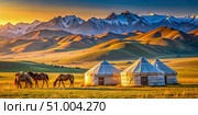 White Silk Yurts on the Kazakh Steppe at Sunrise. Generative AI. Стоковое AI-изображение, AI-художник Roman Zavorotny / Фотобанк Лори
