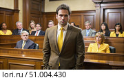 Man in Brown Suit Defending in Courtroom With Yellow Tie. Generative AI. Стоковое AI-изображение, AI-художник Roman Zavorotny / Фотобанк Лори