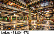 Empty Parking Garage Interior With Concrete Supports and Skylights. Generative AI. Стоковое AI-изображение, AI-художник Roman Zavorotny / Фотобанк Лори