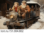 A fairytale winter scene featuring an elderly bearded man and a young smiling girl operating a vintage steam locomotive in a snowy forest. The atmosphere is warm despite the frost - the image evokes associations with Christmas stories, family traditions, the spirit of adventure and retro romance. The illustration is done in a realistic artistic style reminiscent of old paintings or Christmas cards. Ideal for holiday publications, retro themes, fairy tales and winter stories. Стоковое AI-изображение, AI-художник Анна Кривицкая / Фотобанк Лори