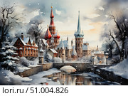 Atmospheric winter illustration in watercolor technique, depicting an old European city with colorful towers, a stone bridge and snow-covered streets. Falling snow, reflections in the river and warm light of lanterns create a fairy-tale mood, like a scene from a Christmas fairy tale. This work is perfect for postcards, winter design, covers, holiday projects and book illustrations. Стоковое AI-изображение, AI-художник Анна Кривицкая / Фотобанк Лори