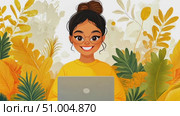 A young woman smiles while working on her laptop surrounded by lush greenery and warm autumn colors, showcasing a cozy study environment. Стоковое AI-видео, аниматор Данила Большаков / Фотобанк Лори