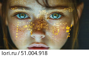 A girl with vivid blue eyes and freckles stares intently as city lights illuminate her face, creating a striking urban atmosphere. Стоковое AI-видео, аниматор Данила Большаков / Фотобанк Лори