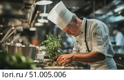Renowned chef preparing fresh herbs in a bustling kitchen during evening hours. Стоковое AI-видео, аниматор Сергей Толмачёв / Фотобанк Лори