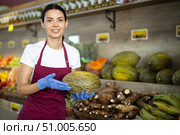 Woman presents melon, best option of vegetables from local and imported producers. Стоковое фото, фотограф Яков Филимонов / Фотобанк Лори