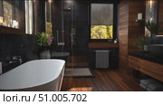Luxurious modern bathroom design featuring wood accents and elegant fixtures for a serene retreat. Стоковое AI-видео, аниматор Сергей Толмачёв / Фотобанк Лори