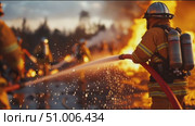 Emergency responders battle a raging wildfire in a forest at sunset using hoses to contain the flames and protect the area. Стоковое AI-видео, аниматор Сергей Толмачёв / Фотобанк Лори