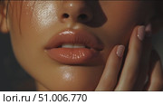 Close-up of model showcasing glossy lips and intricate facial details during beauty shoot. Стоковое AI-видео, аниматор Сергей Толмачёв / Фотобанк Лори