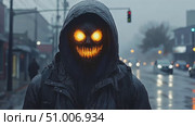 A shadowy figure with bright, eerie eyes strides through a rainy urban street, creating an unsettling atmosphere at dusk. Стоковое AI-видео, аниматор Данила Большаков / Фотобанк Лори
