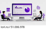 A bright office space where two individuals work on laptops and desktops, analyzing colorful charts and graphs on screens in a collaborative environment. Стоковое AI-видео, аниматор Данила Большаков / Фотобанк Лори