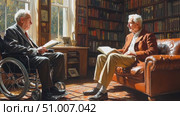 Two elderly men sit in a warmly lit library, deeply engaged in reading and sharing insights from their books as sunlight streams in through the windows. Стоковое AI-видео, аниматор Данила Большаков / Фотобанк Лори