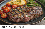 Enjoy perfectly grilled steak accompanied by fresh roasted tomatoes, asparagus, and toasted bread during a summer cookout. Стоковое AI-видео, аниматор Данила Большаков / Фотобанк Лори