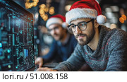 Programmers gather in a festive atmosphere, donning Santa hats while collaborating on projects amidst holiday decorations in December. Стоковое AI-видео, аниматор Данила Большаков / Фотобанк Лори