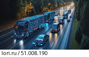 High-tech trucks with illuminated designs navigate a busy highway, reflecting advancements in transportation and automation under city lights. Стоковое AI-видео, аниматор Данила Большаков / Фотобанк Лори