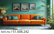 A vibrant living room showcases an orange sofa paired with teal pillows, green walls, and decorative plants creating a lively atmosphere. Стоковое AI-видео, аниматор Данила Большаков / Фотобанк Лори