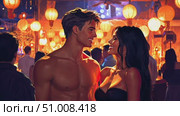 A couple shares smiles and conversation amidst a colorful festival atmosphere, illuminated by glowing lanterns and a lively crowd. Стоковое AI-видео, аниматор Данила Большаков / Фотобанк Лори