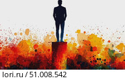 A confident figure stands atop a pedestal amidst a burst of vivid colors, representing creativity and inspiration in an artistic expression. Стоковое AI-видео, аниматор Данила Большаков / Фотобанк Лори