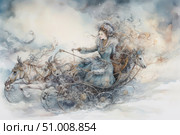 A fantasy watercolor scene of a winter fairy tale: a graceful lady in a luxurious blue outfit with fur trim rushes in an elegant sleigh pulled by white horses. Snow whirlwinds and frosty steam envelop the horses and sleigh, giving the whole composition movement and magic. The illustration is filled with elegance, lightness and the spirit of northern mythology or fairy-tale winter. Suitable for postcards, winter stories, holiday products and book graphics. Стоковое AI-изображение, AI-художник Анна Кривицкая / Фотобанк Лори