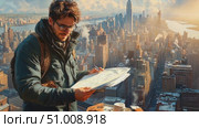 A traveler examines maps while overlooking New York City, basking in the early morning light with the skyline in the background. Стоковое AI-видео, аниматор Данила Большаков / Фотобанк Лори