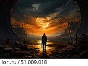 Atmospheric digital illustration in the genre of post-apocalyptic or dark fantasy. A lone man with a weapon in his hands stands in front of a destroyed, scorched world, watching a giant glowing funnel in the sky. Around are gloomy ruins, dried trees and flooded lands. The picture is filled with drama, anxiety and a sense of the last choice or great destiny. Ideal for themes: post-apocalyptic, loneliness, battle of light and darkness, choice, heroism. Стоковое AI-изображение, AI-художник Анна Кривицкая / Фотобанк Лори