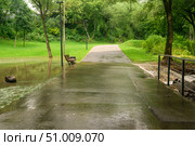 Stream overflowed its banks and flowed across the road during the flood. Стоковое фото, фотограф Евгений Харитонов / Фотобанк Лори