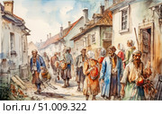 A watercolor street scene of an Eastern European town of the 18th-19th centuries. Peasants, traders and women in traditional clothing walk along a narrow pavement. The atmosphere conveys the spirit of old times: simple houses with tiled roofs, everyday bustle, colorful faces. A separate detail is the figure of death in the form of a skeleton among ordinary people, giving the scene an allegorical, philosophical sound. The image is suitable for historical, ethnographic, cultural and art projects. Стоковое AI-изображение, AI-художник Анна Кривицкая / Фотобанк Лори