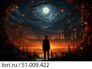 Atmospheric digital illustration in the fantasy and post-apocalyptic genre. A lone figure stands on the shore in front of a ruined city, engulfed in sunset light. Above him is a huge night sky with a full moon, interwoven with silhouettes of a broken clock face, branches and floating lights. The work is full of dramatic contrasts of warm and cold shades, conveying a sense of fateful choice, an end and a new beginning. Ideal for posters, book covers, games, music albums and fantasy projects. Стоковое AI-изображение, AI-художник Анна Кривицкая / Фотобанк Лори