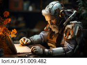 A futuristic scene with an elderly man in a high-tech exoskeleton, working intently on a laptop. His grey hair and beard highlight his experience and age, while his cybernetic armour and helmet with built-in devices create a contrast between humanity and technology. The atmosphere is complemented by warm lighting and unexpected elements - bright orange flowers in the background. Ideal for themes of futurism, cyberpunk, technology, science, age wisdom and human-machine interaction. Стоковое AI-изображение, AI-художник Анна Кривицкая / Фотобанк Лори