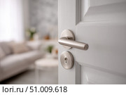 Doorknob. Metal door handle lock and latch of brass on veneer doors. Door wooden half opening through interior bedroom background, selective focus. Modern trends in interior design. Close-up. Стоковое AI-изображение, AI-художник Марина Демидюк / Фотобанк Лори