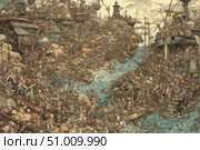 A detailed fantasy illustration depicting a densely populated coastal town, full of characters, ships, houses and elements of medieval life. The work is reminiscent of old engravings or scenes from travelogues. The depth of the composition and the huge number of small details create the effect of a living, chaotic world. Suitable for book covers, board games, posters, fantasy projects and art books. Стоковое AI-изображение, AI-художник Анна Кривицкая / Фотобанк Лори