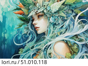 A fantasy portrait of a mythological girl surrounded by waves of hair intertwined with leaves, branches and water drops. Her headdress is made of greenery, berries and flowers, as if created by nature itself. The color palette is cool turquoise, green and blue tones. The image is made in watercolor technique, with high detail and soft transitions. This image is associated with forest spirits, nymphs, water goddesses and natural magic. Suitable for themes of ecology, fantasy, feminine power, nature and art. Стоковое AI-изображение, AI-художник Анна Кривицкая / Фотобанк Лори