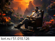 A man in an elegant suit sits in a leather chair in the middle of a fantastic tropical landscape against the backdrop of a blazing sunset. He holds a book in his hands, lost in thought. The surrounding nature is full of bright flowers, waterfalls and exotic plants, creating an atmosphere of mysticism and solitude. The painting combines elements of realism and fantasy, ideal for the themes of introspection, leadership, fortitude, meditation and personal growth. Стоковое AI-изображение, AI-художник Анна Кривицкая / Фотобанк Лори