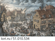An illustration in the style of a medieval engraving or an old book miniature. The image shows a scene of chaos in a European city: a crowd of people in panic, fleeing, fighting, fire, destruction and general madness. The architecture of the houses is typical of the late Middle Ages or early modern period - tiled roofs, narrow streets, decorative facades. The color scheme is muted, with a predominance of gray-brown and ochre tones. The image evokes associations with popular uprisings, urban riots or scenes of moralistic engravings, like the works of Bruegel. Suitable for historical themes, fantasy plots, games, book illustrations. Стоковое AI-изображение, AI-художник Анна Кривицкая / Фотобанк Лори