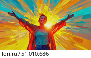 A joyful woman stands with arms wide open, soaking up the vibrant colors of sunrise, radiating positivity and energy in nature's glow. Стоковое AI-видео, аниматор Данила Большаков / Фотобанк Лори