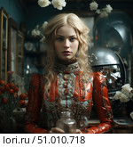 Portrait of a young woman in a fantastic Victorian costume with steampunk elements. Her gaze is focused and a little mysterious, and she holds a glass jar in her hands. The richly decorated dress in red and silver tones creates the image of an aristocratic heroine from an alternative reality. In the background, metal mechanisms, a helmet and flowers are visible, giving the composition an atmosphere of a fairy-tale scientific world. The image is ideal for book covers, concept art, posters, role-playing games and art projects in the steampunk and fantasy genres. Стоковое AI-изображение, AI-художник Анна Кривицкая / Фотобанк Лори