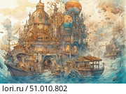 Watercolor fantasy illustration of a magnificent coastal city built in a bizarre architectural style with many towers, domes and decorative elements. The horizon is filled with airships, seaweed and flying leaves, creating a sense of a fairytale world. The color palette is warm, with soft shades of orange, blue and gold. The atmosphere of the drawing is reminiscent of scenes from magical books or animated films in the steampunk and fantasy style. Стоковое AI-изображение, AI-художник Анна Кривицкая / Фотобанк Лори